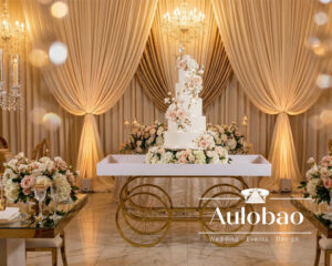 Elegant Wedding Cake Cart in A Luxury Reception Setting