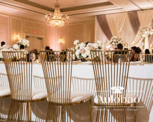 Gold Wire-Frame Chairs with Vertical-Slat Backrest Design